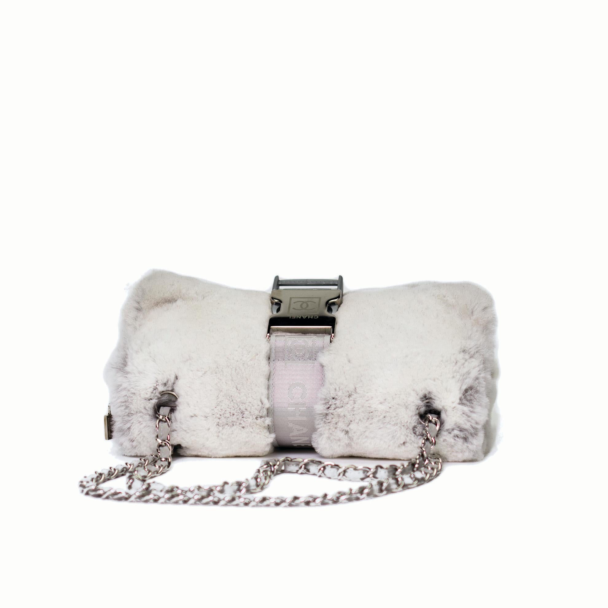 Chanel 2005 Rare Vintage CC Sport Belt Lock Grey Fur Lapin Shoulder Bag For Sale 3
