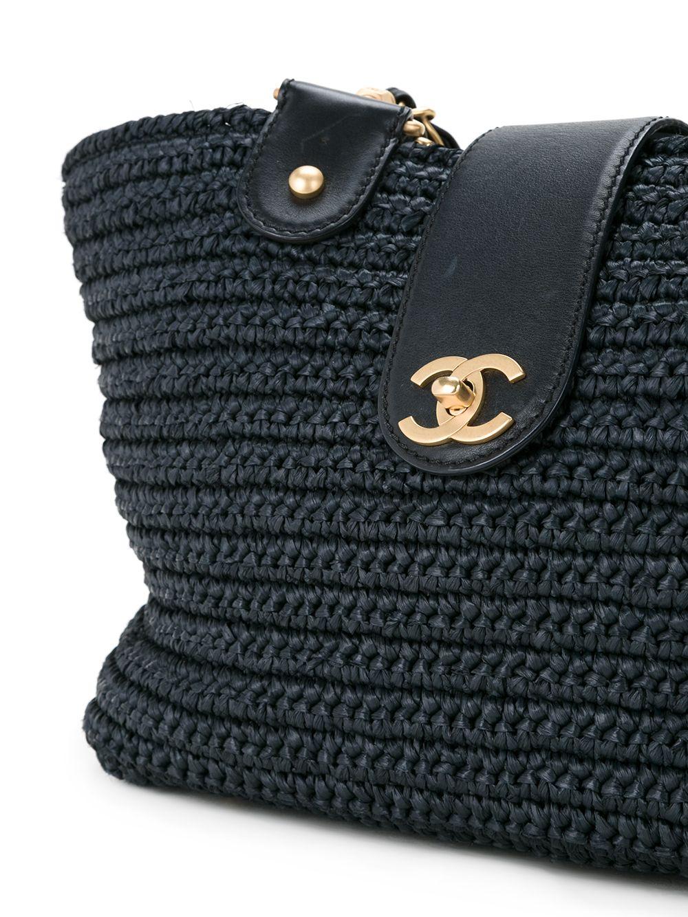 Women's or Men's Chanel 2005 Rare Vintage Raffia Woven Black Straw and Leather Basket Tote For Sale