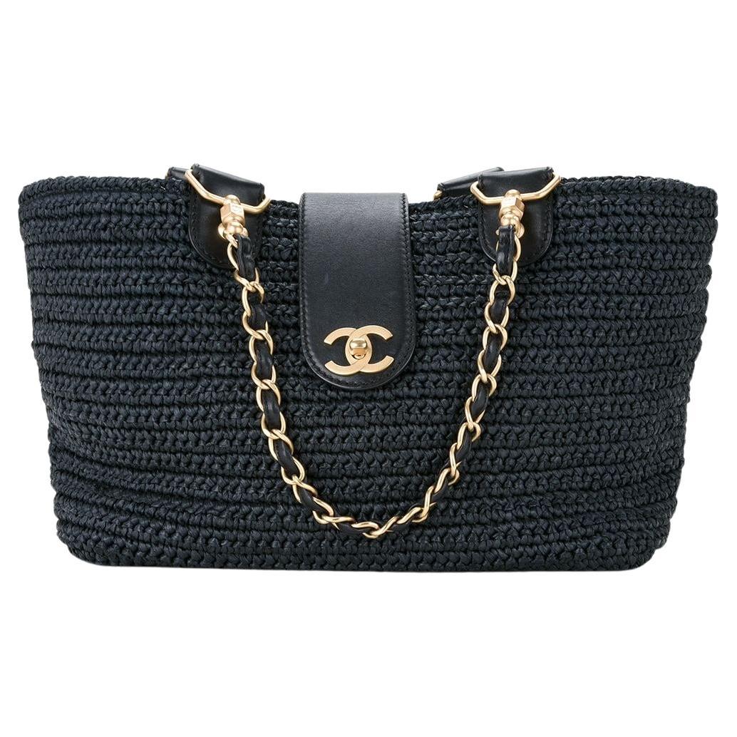 Chanel 2005 Rare Vintage Raffia Woven Black Straw and Leather Basket Tote For Sale