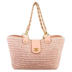 Chanel 2005 Rare Vintage Raffia Woven Pink Straw and Leather Basket Tote Bag