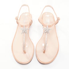 CHANEL 2005 Star strass crystal T strap flat nude leather thong sandals EU36.5