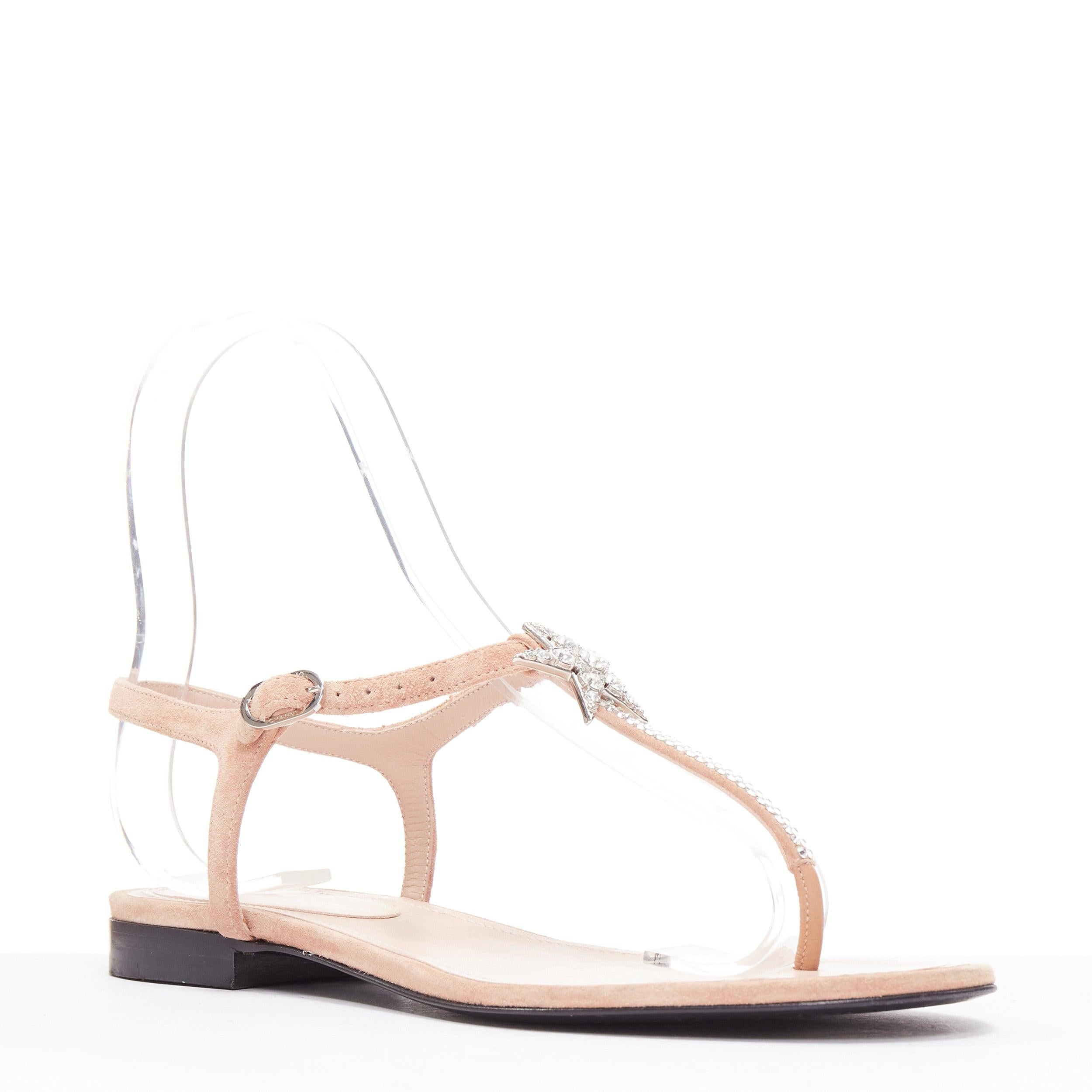 Beige CHANEL 2005 Star strass crystal T strap flat nude leather thong sandals EU36.5 For Sale