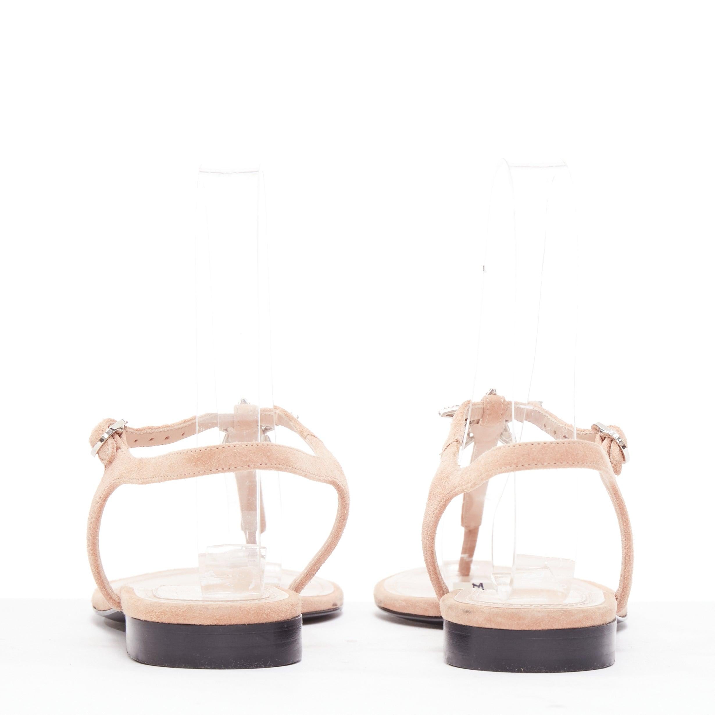 Women's CHANEL 2005 Star strass crystal T strap flat nude leather thong sandals EU36.5 For Sale
