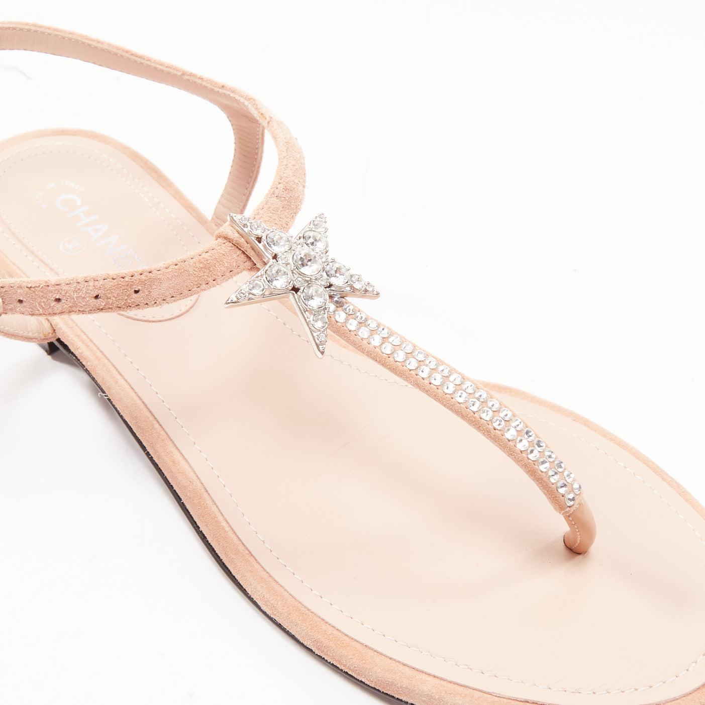 CHANEL 2005 Star strass crystal T strap flat nude leather thong sandals EU36.5 For Sale 2