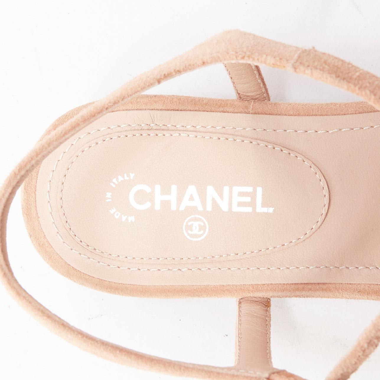 CHANEL 2005 Star strass crystal T strap flat nude leather thong sandals EU36.5 For Sale 4