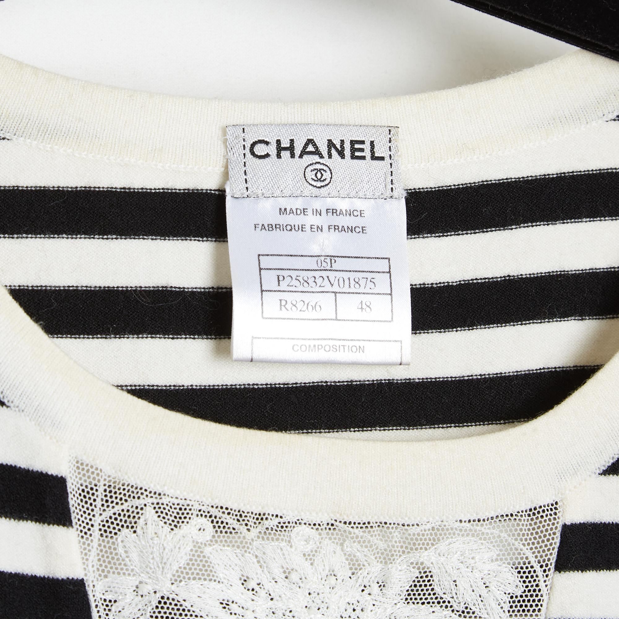 Women's Chanel 2005 Top Mariniere FR40 Black Ecru Sailor Top Sweater with Lace UK12 US10 For Sale