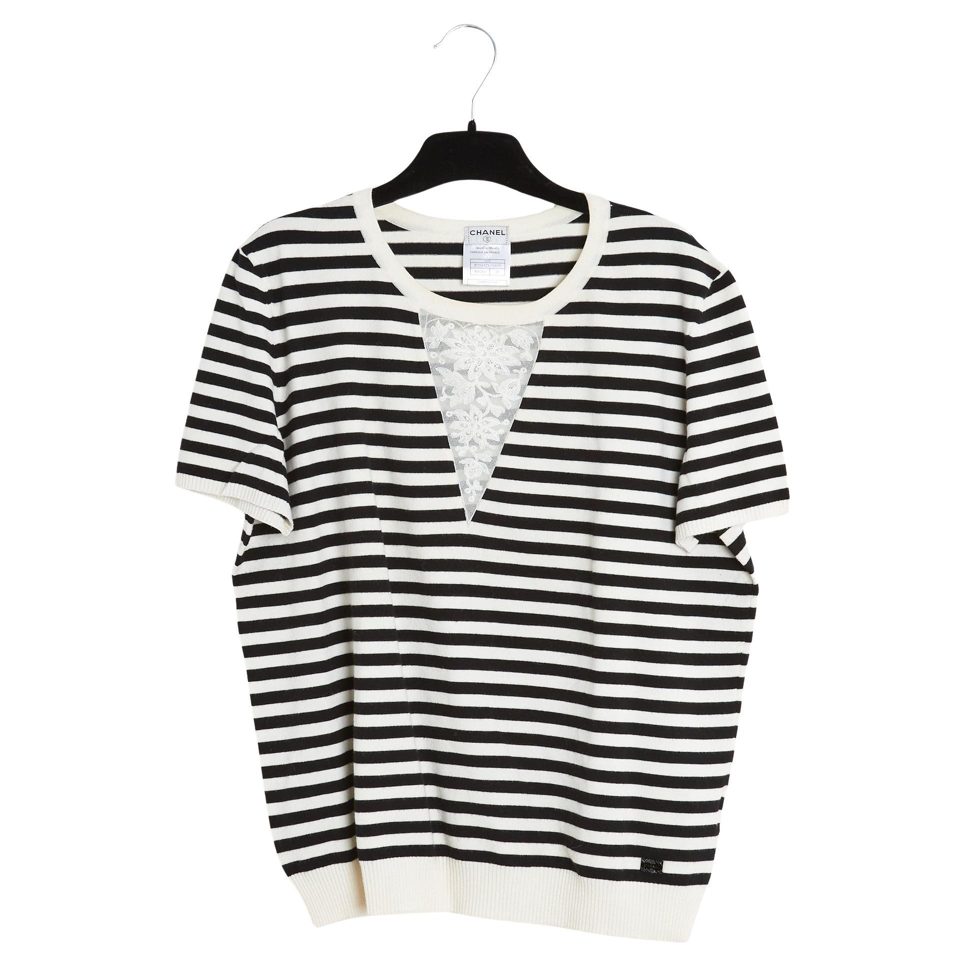 Chanel 2005 Top Mariniere FR40 Black Ecru Sailor Top Sweater with Lace UK12 US10 For Sale