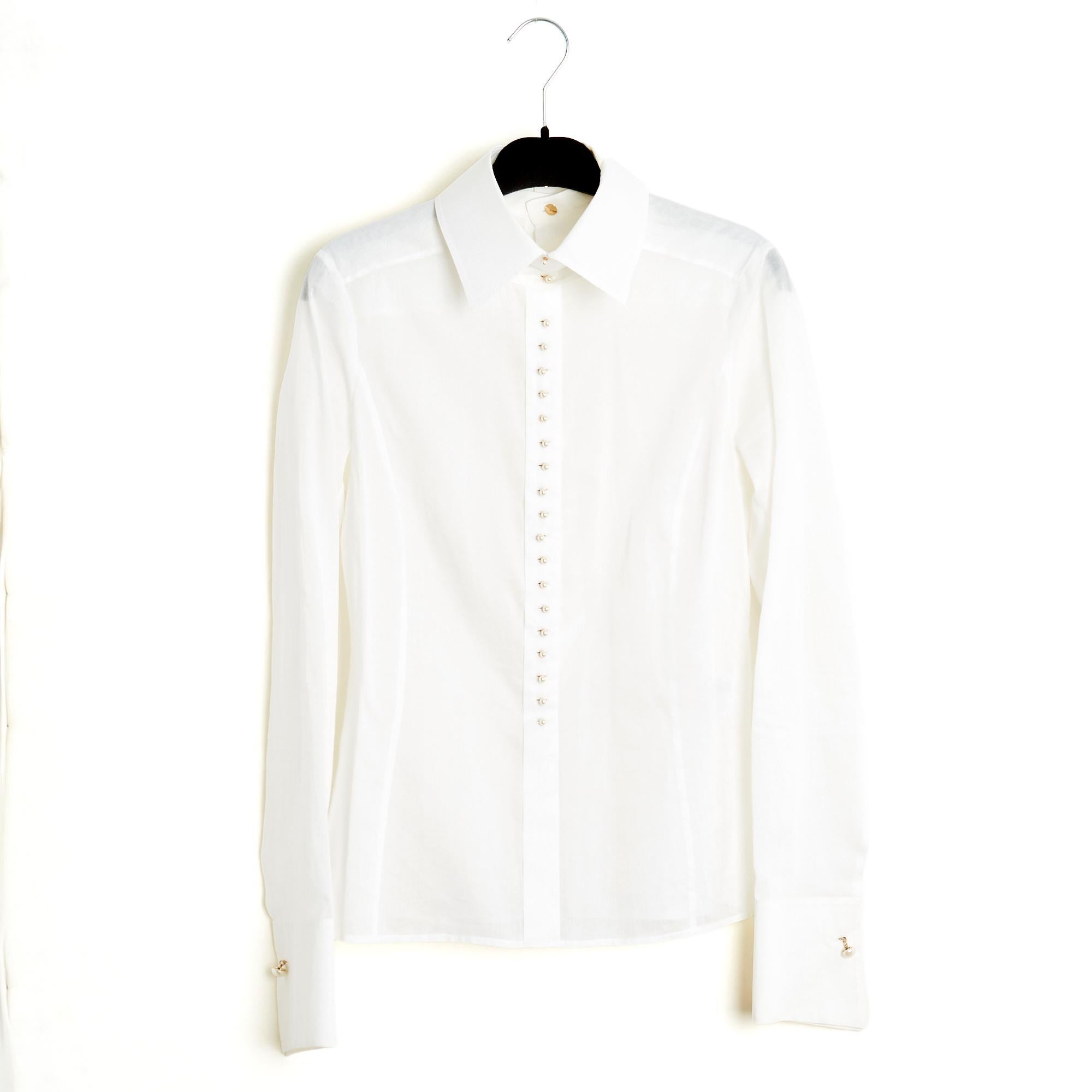 Chanel 2005 Top Perles FR38 Weiß Poplin Perlen Knöpfe Hemd Bluse UK10 US8 Damen im Angebot