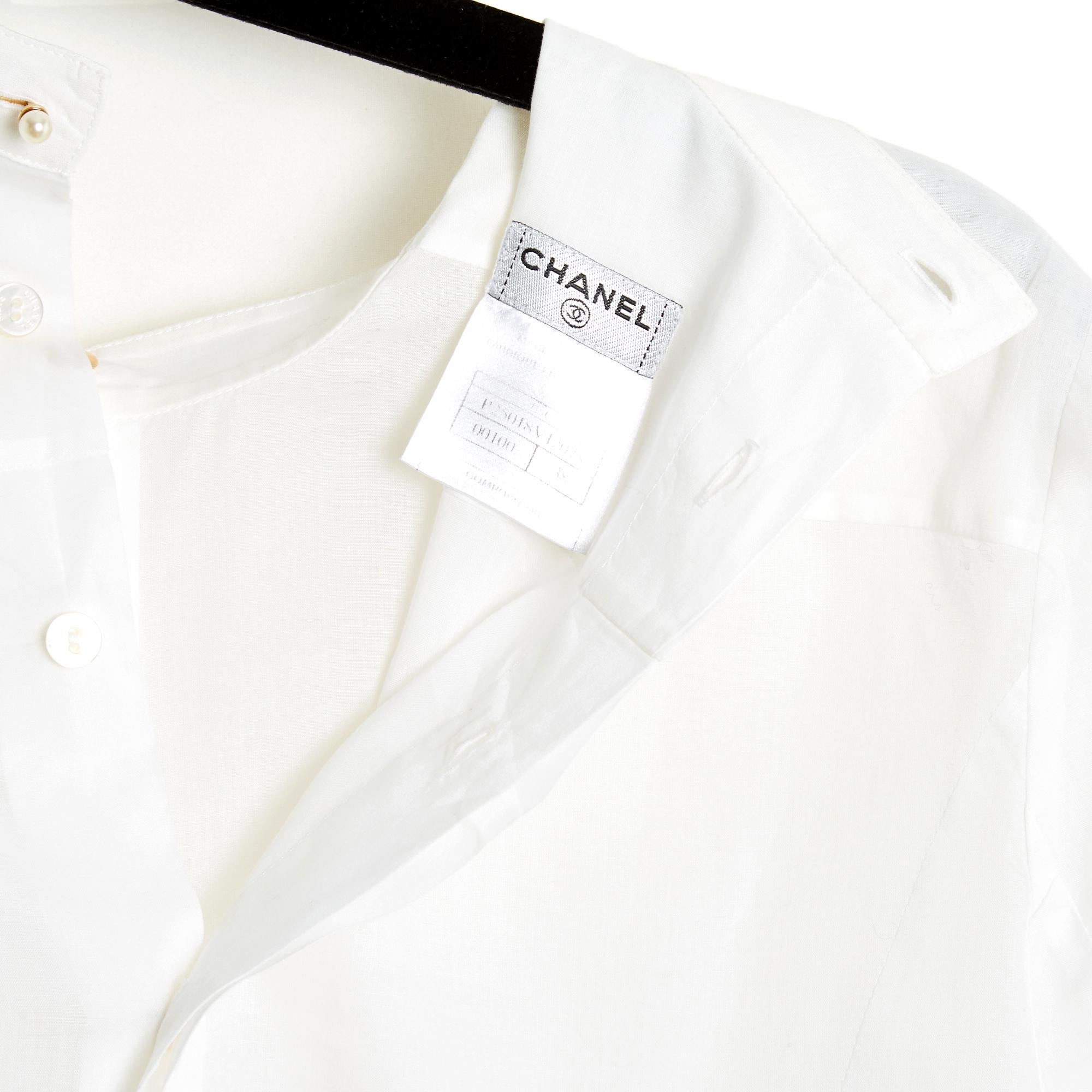 Chanel 2005 Top Perles FR38 Weiß Poplin Perlen Knöpfe Hemd Bluse UK10 US8 im Angebot 3