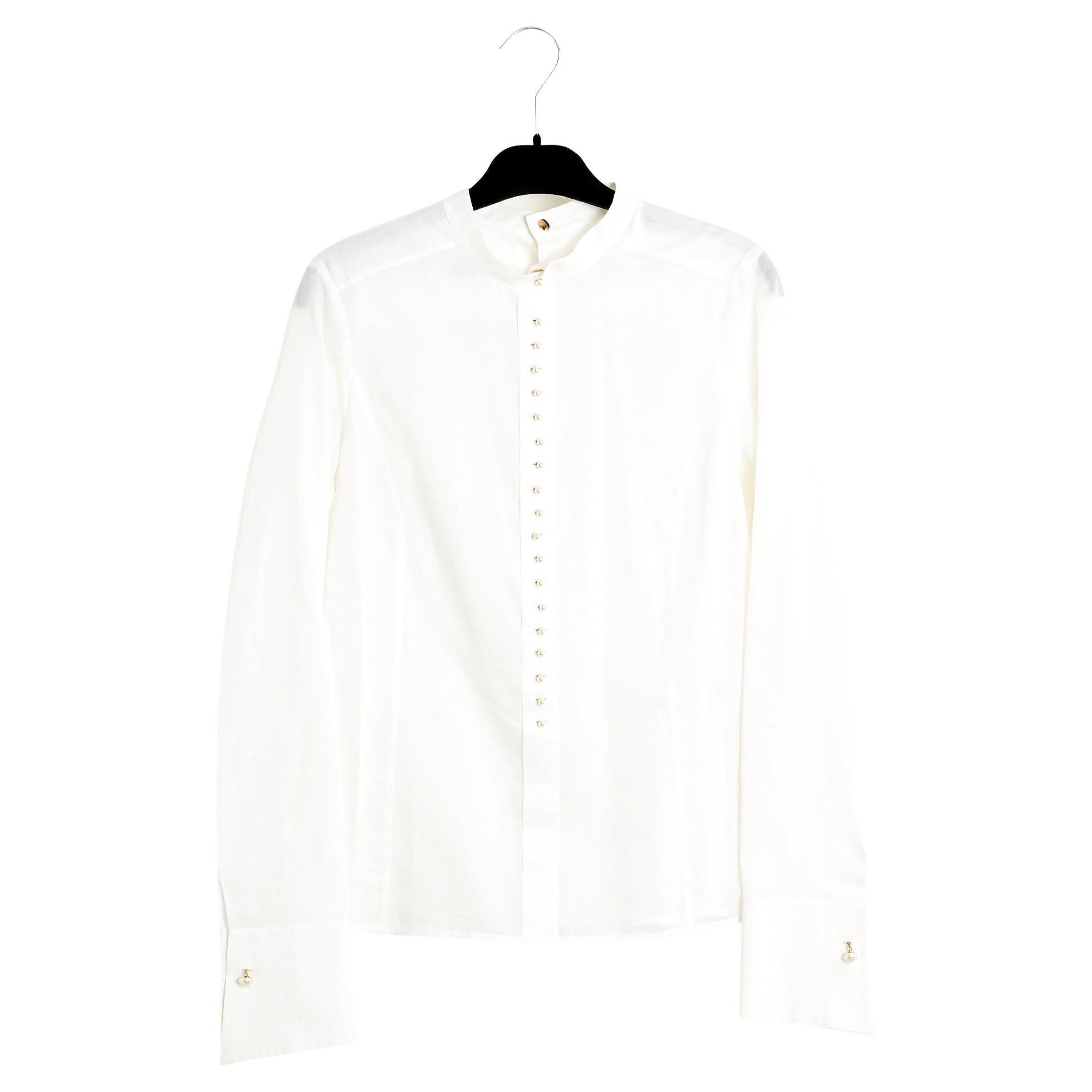 Chanel 2005 Top Perles FR38 Weiß Poplin Perlen Knöpfe Hemd Bluse UK10 US8