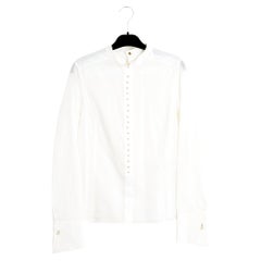 Chanel 2005 Top perles FR38 Blanco Popelín Perla Botones Camisa Blusa UK10 US8