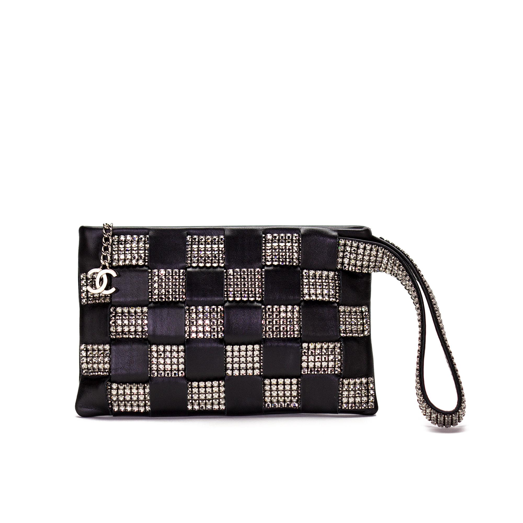 Black Chanel 2005 Vintage Lambskin Leather Swarovski CC Crystals Clutch Evening Bag For Sale