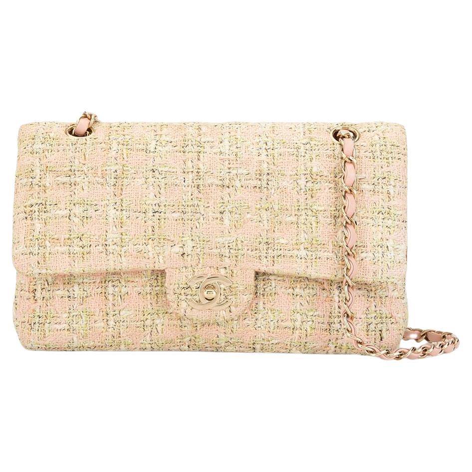 Chanel 2005 Vintage Medium Classic Double Flap 2,55 Baby Rosa Tweed Umhängetasche