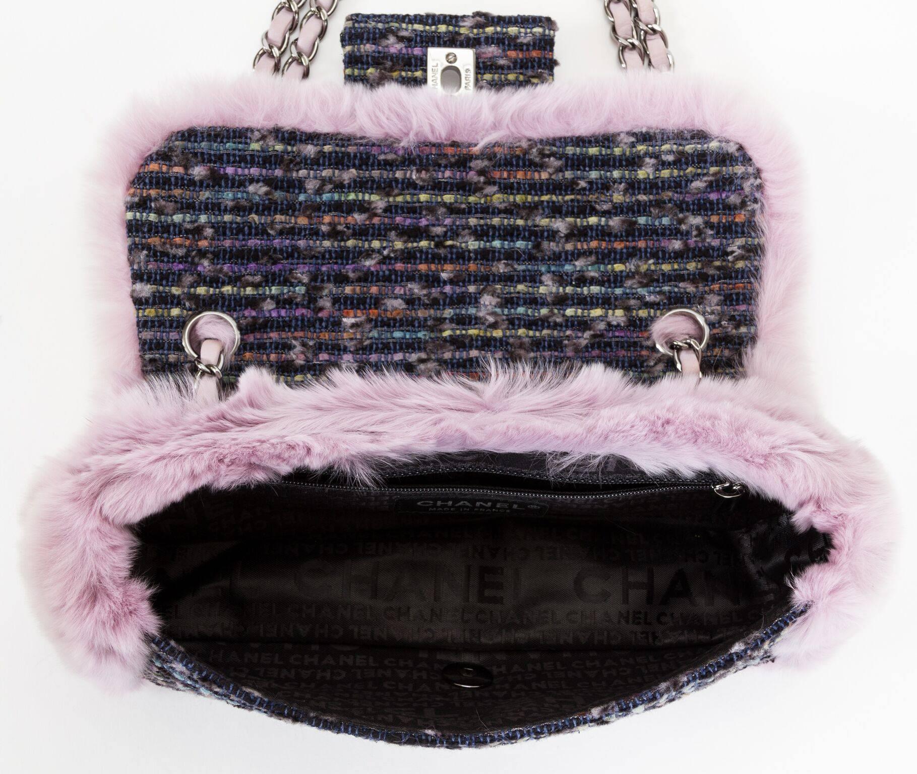 Chanel 2005 Vintage Rare Barbie Pink Fur Grey Tweed Cross Body Classic Flap Bag For Sale 8