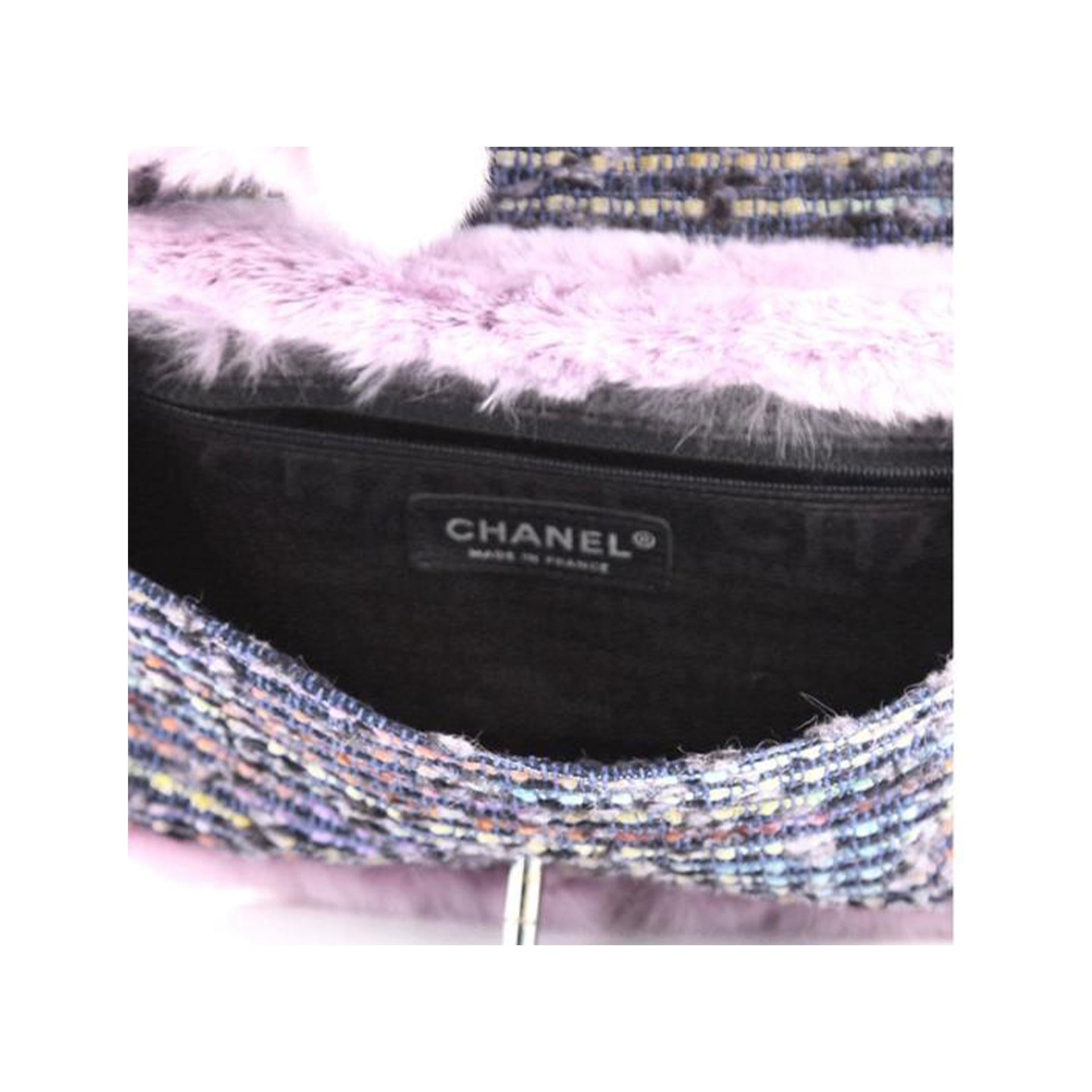 Chanel 2005 Vintage Rare Barbie Pink Fur Grey Tweed Cross Body Classic Flap Bag For Sale 9
