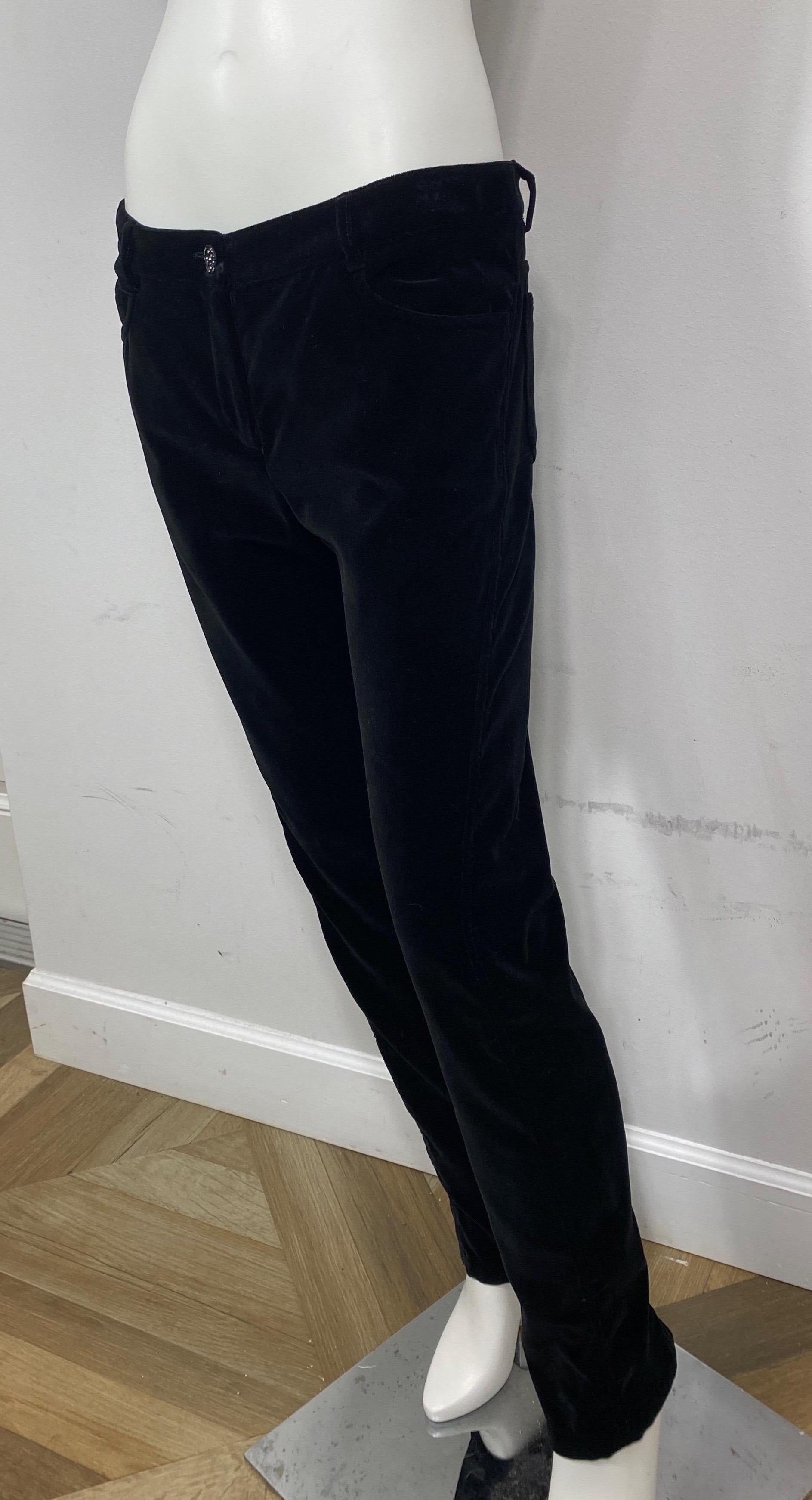 Chanel 2005A Black Cotton Velvet Slim Pant-Size 40 NWT. These soft cotton velvet black jean cut slim pant are new with tags. From the 2005 Autumn collection designed by Karl Lagerfeld the pants have all the pockets that jeans would have (2 back, 2