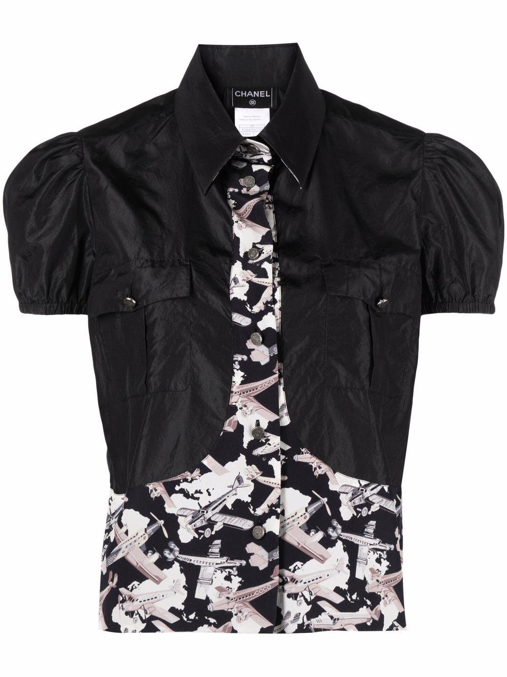 Chanel 2006 Airplane-Print Panelled Silk Blouse For Sale 1