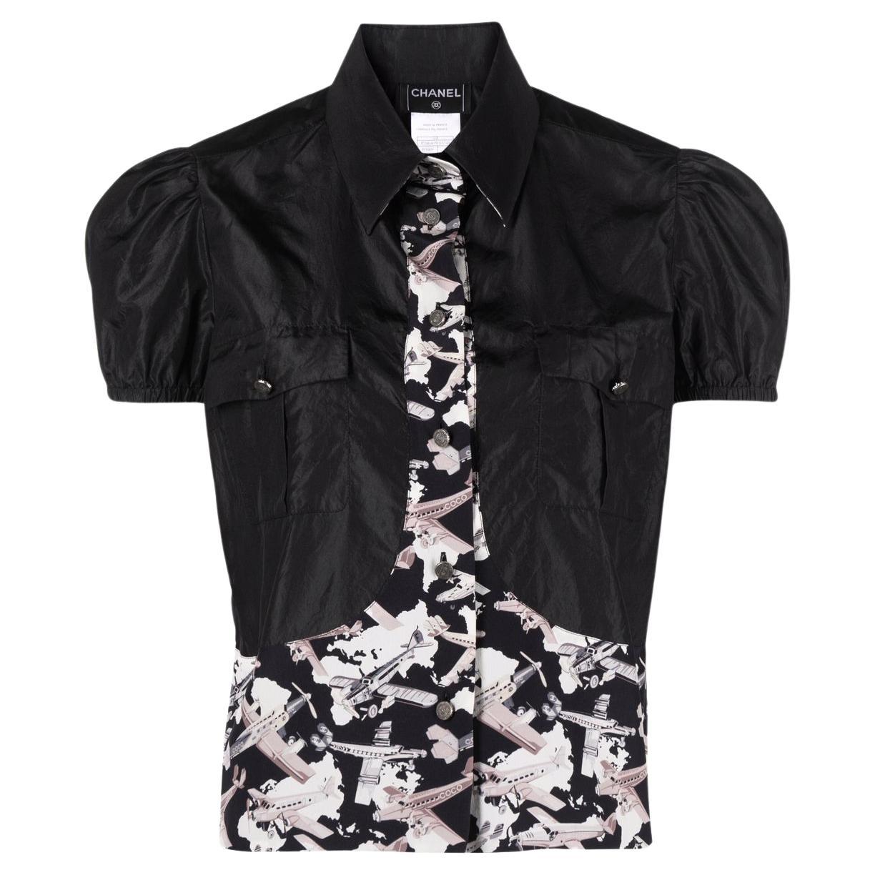 Chanel 2006 Airplane-Print Panelled Silk Blouse For Sale