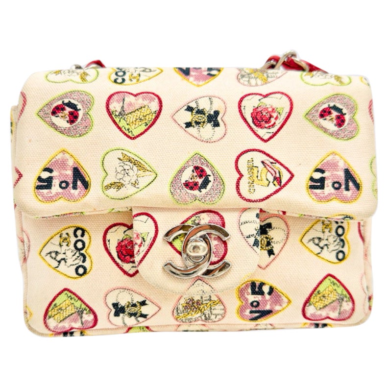 Chanel 2006 Beige Canvas Valentine Flap Bag Mini For Sale