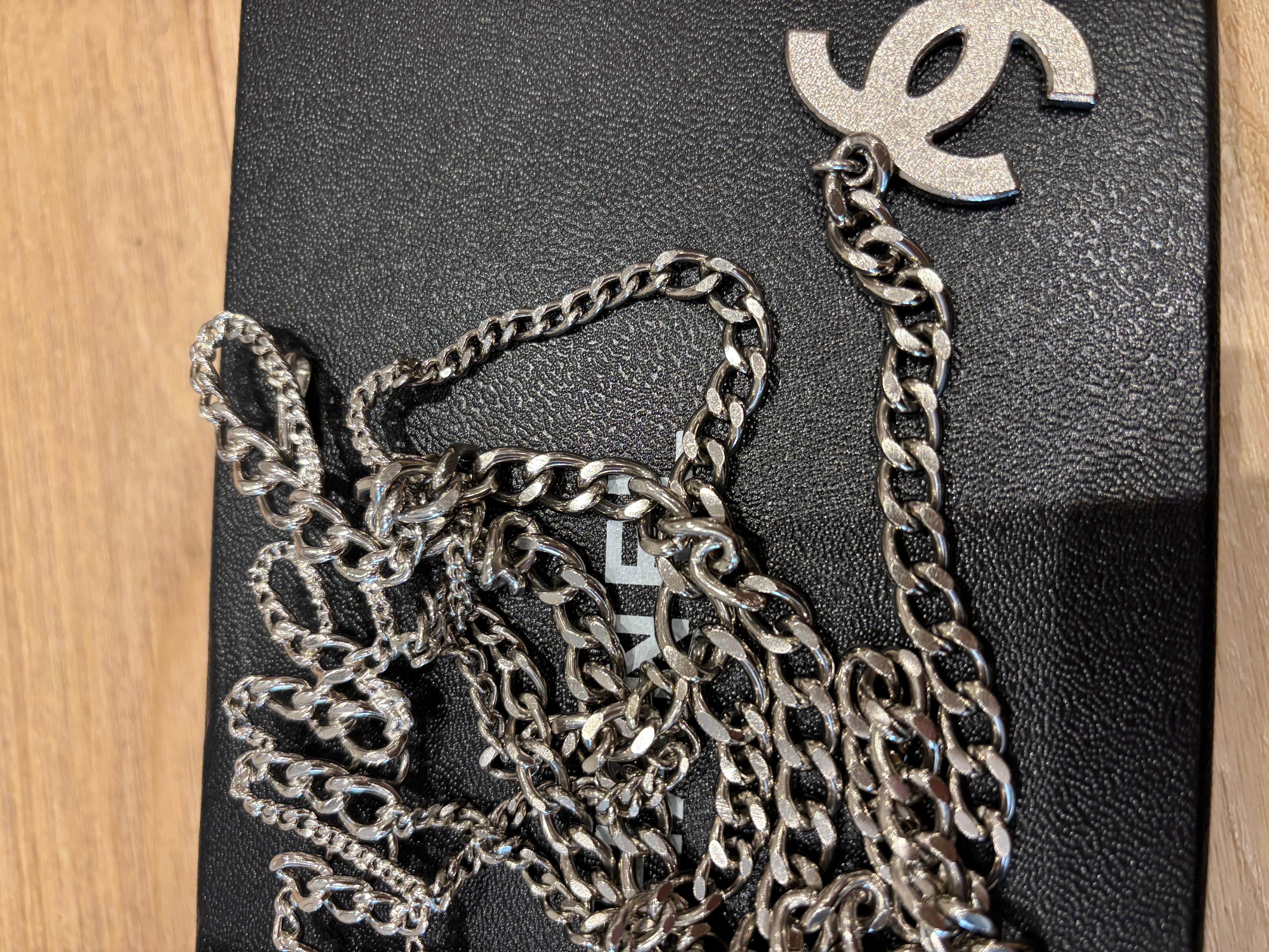 Chanel 2006 by Karl Lagerfeld Silver Cursive Logo Punk Belt/Necklace w/Box 6