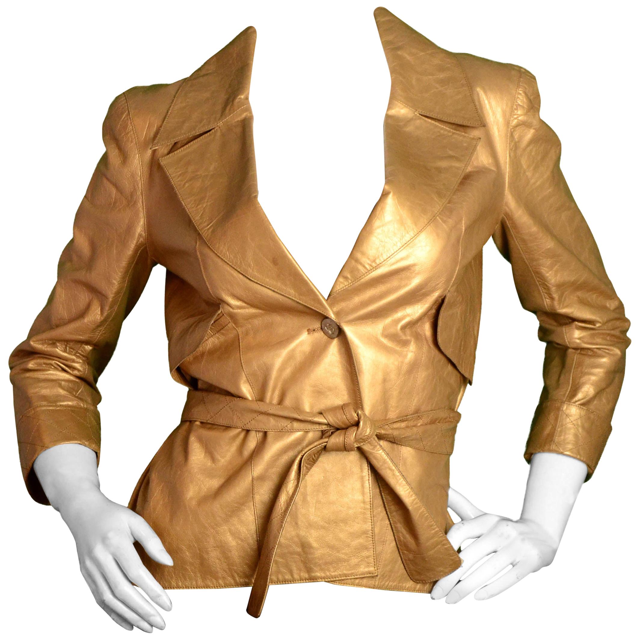 CHANEL VINTAGE 88A MUSEUM LEATHER Jacket 14K Gold CC buttons lining FR40-38