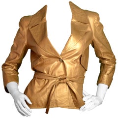 Chanel Metallic Gold Tone Leather Belted Jacket 44 For Sale at