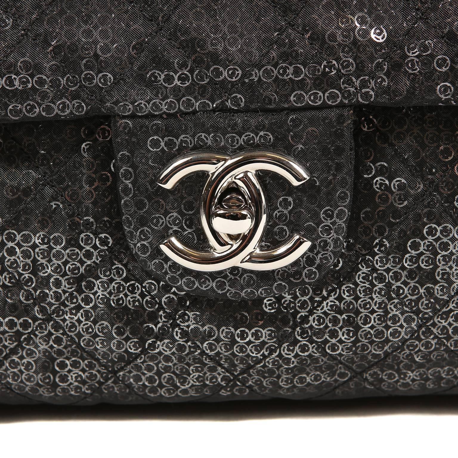 Women's or Men's Chanel 2009 Jumbo Quilted Classic Flap Hidden Mesh Black Sequins Shoulder Bag For Sale
