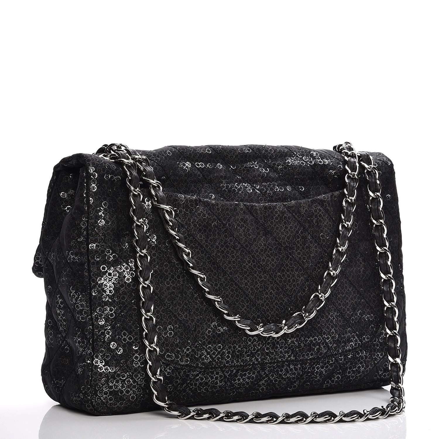 Chanel 2009 Jumbo Quilted Classic Flap Hidden Mesh Black Sequins Shoulder Bag For Sale 1