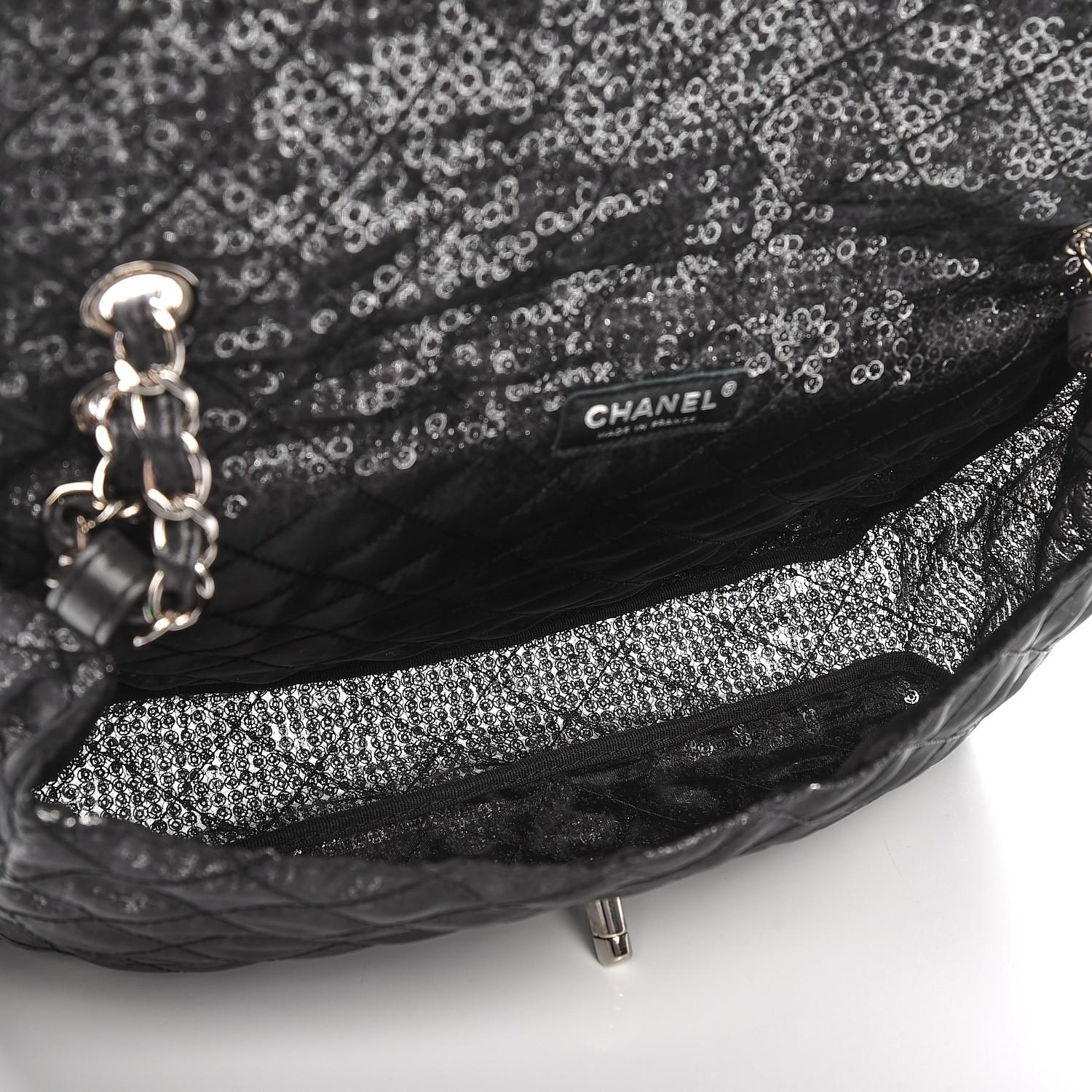 Chanel 2009 Jumbo Quilted Classic Flap Hidden Mesh Black Sequins Shoulder Bag For Sale 4