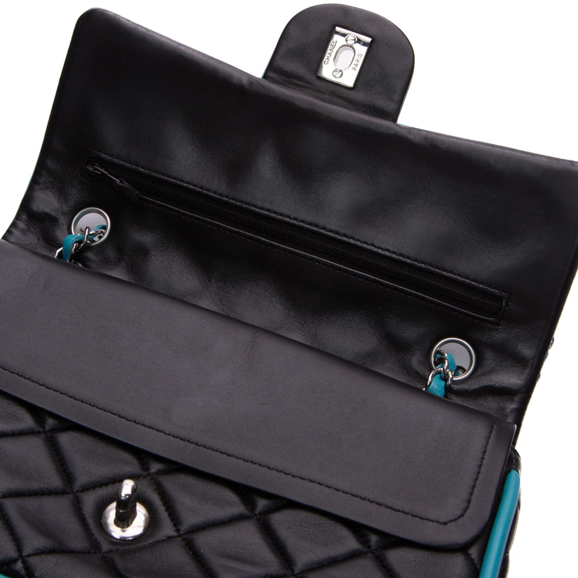 Chanel 2006 Medium Double Classic Flap in Black Lambskin Turquoise Piping Bag 10