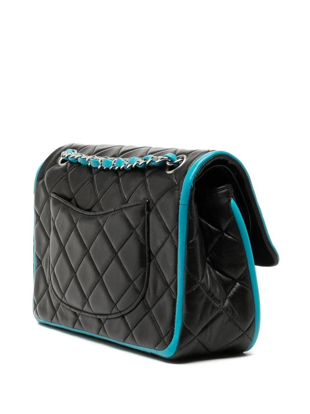 Chanel 2006 Medium Double Classic Flap in Black Lambskin Turquoise Piping Bag For Sale 7