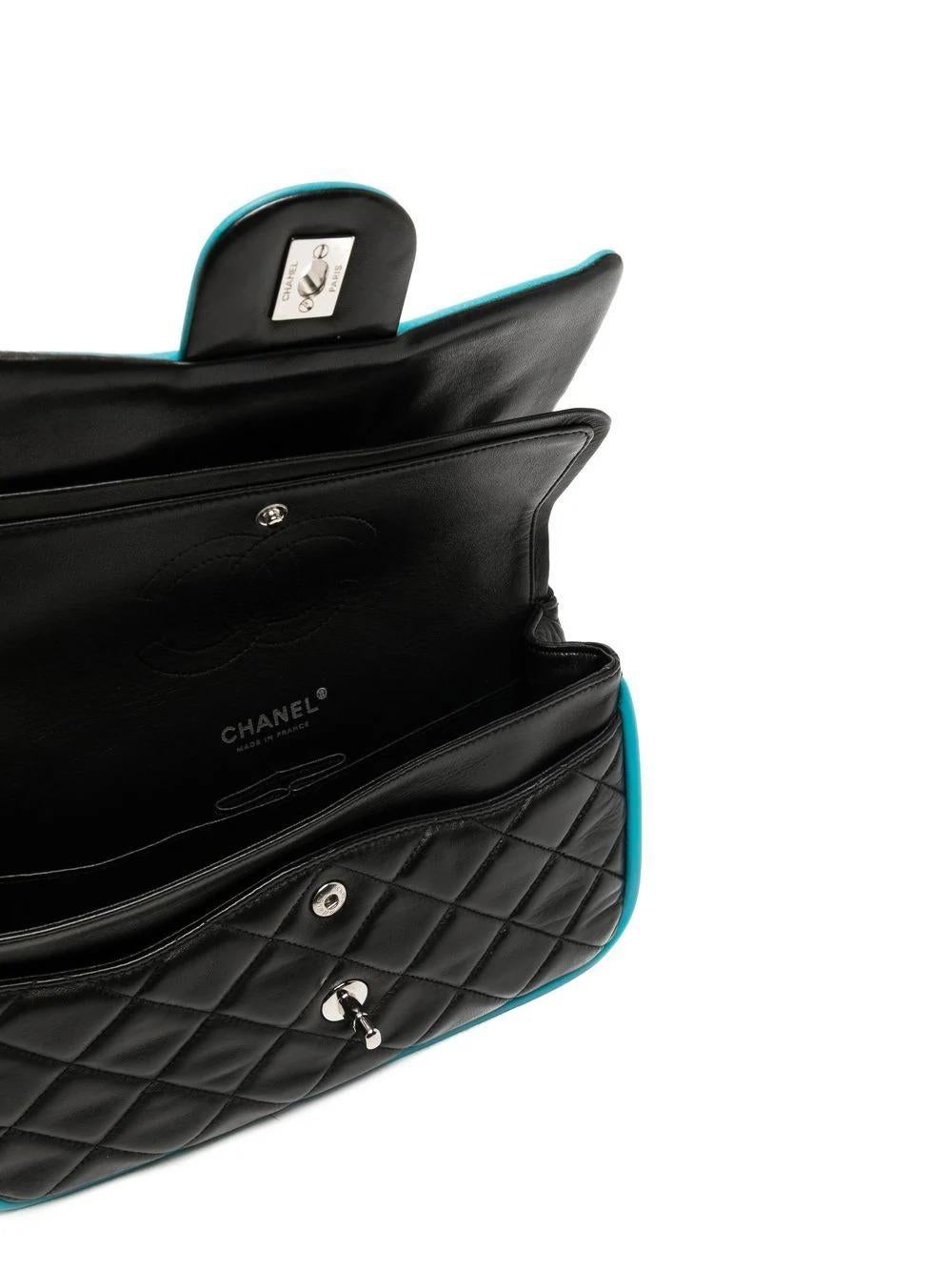 Chanel 2006 Medium Double Classic Flap in Black Lambskin Turquoise Piping Bag For Sale 11