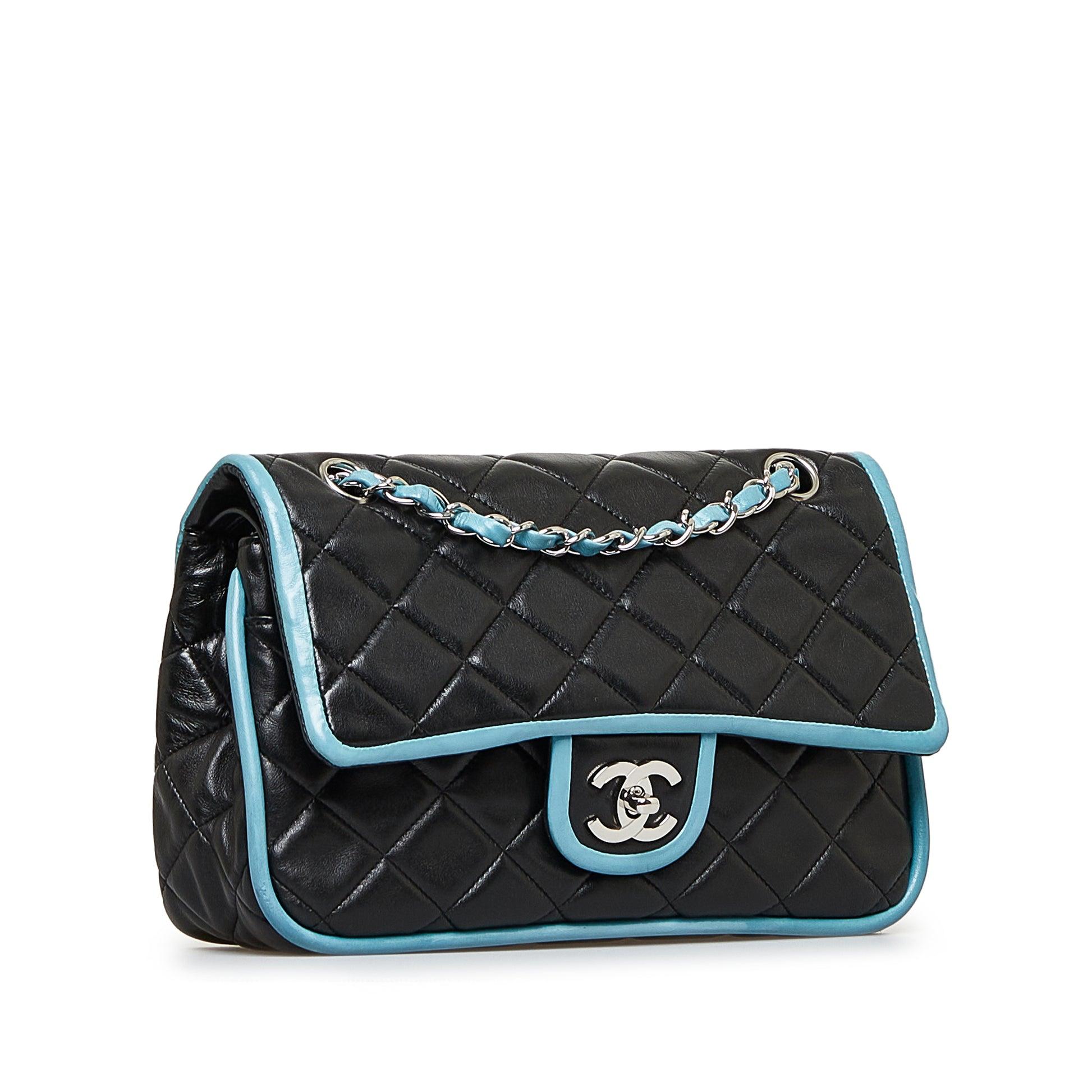 Chanel 2006 Medium Double Classic Flap in Black Lambskin Turquoise Piping Bag 4
