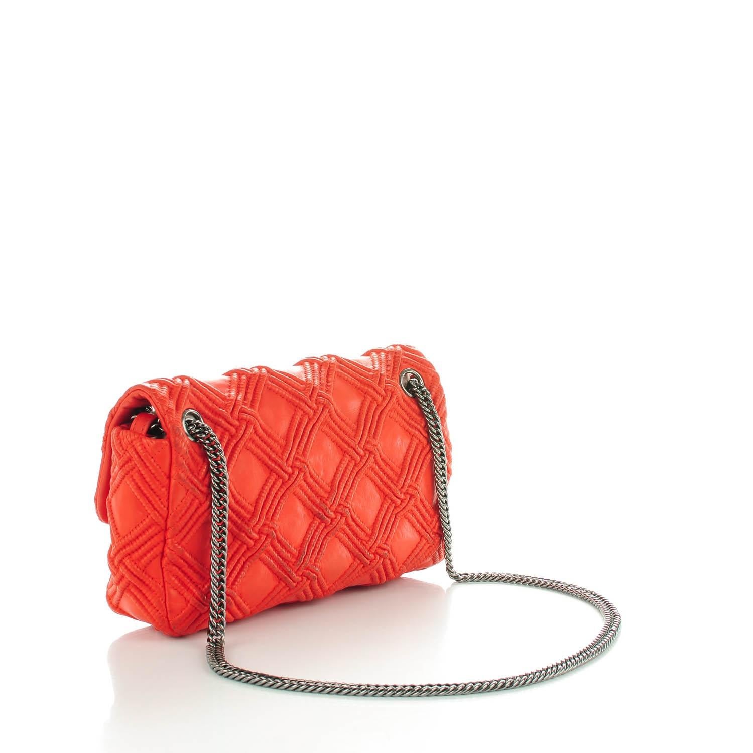 Chanel 2006 Rare Neon Red Coral Soft Lambskin Stitched Medium Classic Flap Bag For Sale 2