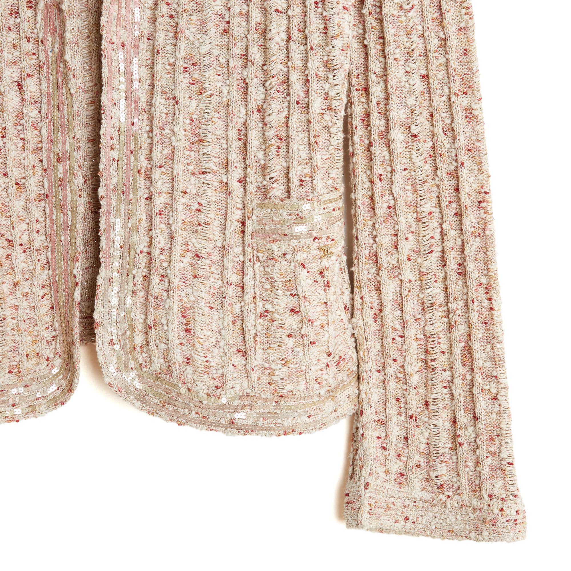 Chanel 2006 Veste FR38 Golden Beige Rosa Strick-Tweedjacke Strickjacke UK10 US8 Damen im Angebot