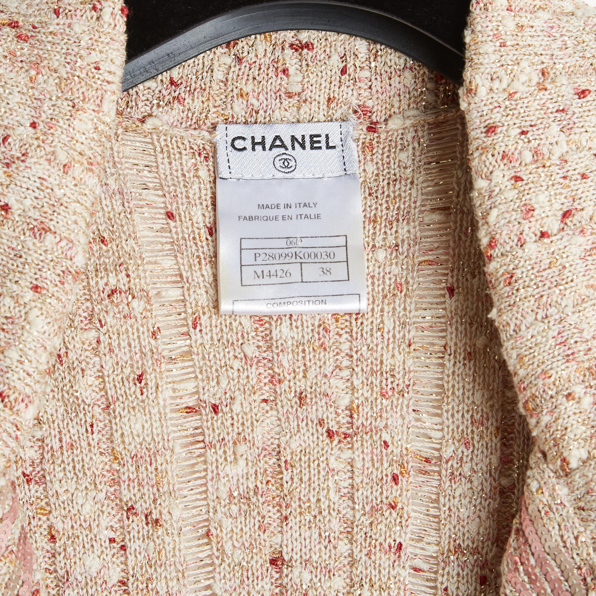 Chanel 2006 Veste FR38 Golden Beige Rosa Strick-Tweedjacke Strickjacke UK10 US8 im Angebot 1