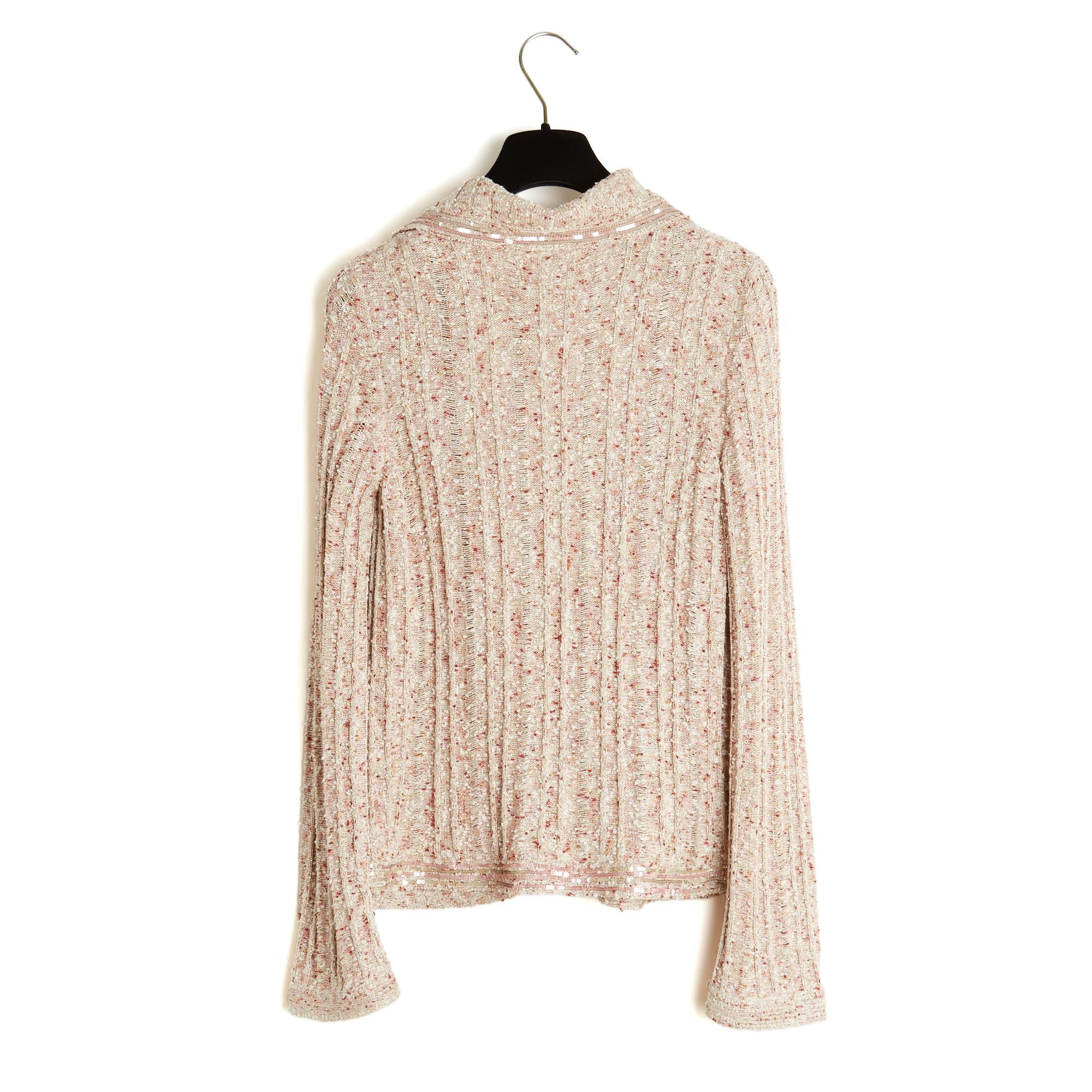 Chanel 2006 Veste FR38 Golden Beige Rosa Strick-Tweedjacke Strickjacke UK10 US8 im Angebot 2