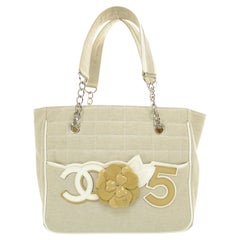 Chanel 2006 Vintage Beige Camelia Blume Canvas Satchel Einkaufstasche