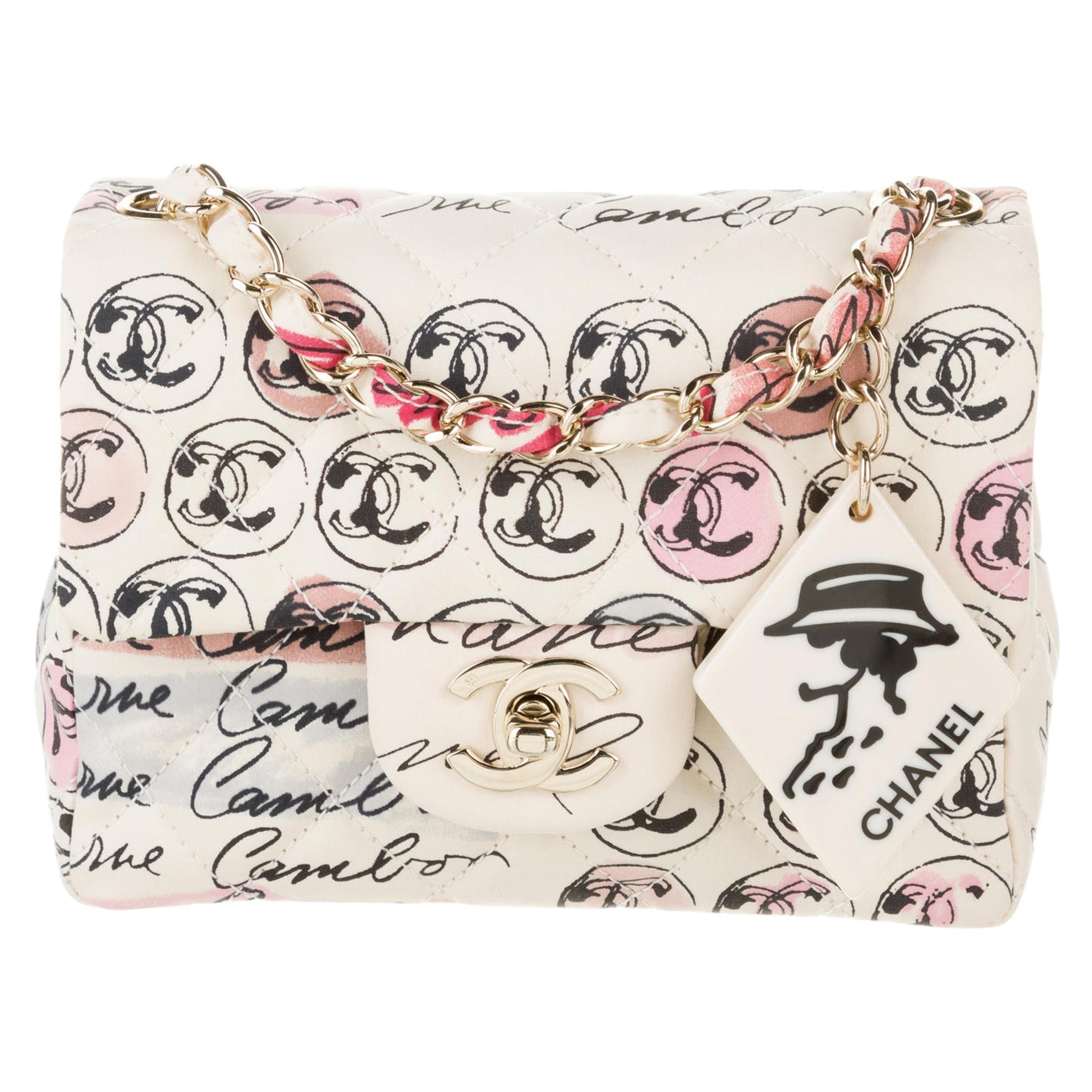 Chanel 2006 Vintage Graffiti Creme Multicolor Mini Square CC Logo Print Flap Bag