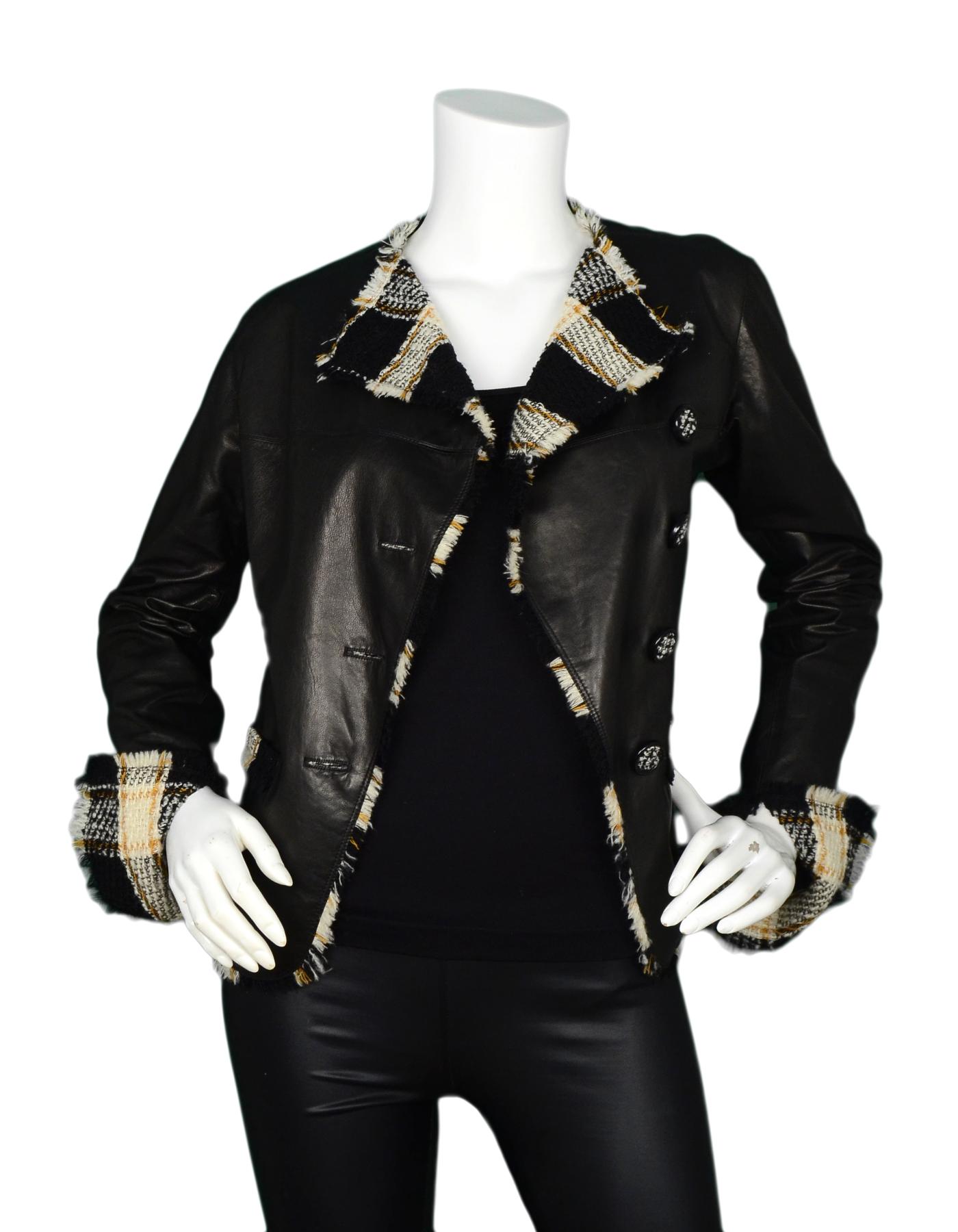 Chanel 2007 Black Leather Jacket W/ Tweed Trim Sz FR36

Made In: France
Year of Production: 2007
Color: Black, white, mustard
Materials: 100% calfskin, tweed- 96% wool, 4% nylon
Lining: 100% silk
Opening/Closure: Asymmetrical button up
Overall