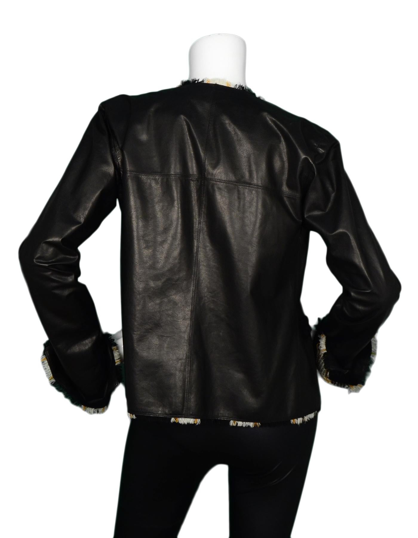Chanel 2007 Black Leather Jacket W/ Tweed Trim Sz FR36 In Excellent Condition In New York, NY