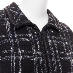 CHANEL 2007 black white check plaid bow collar fringe tweed dress FR36 S