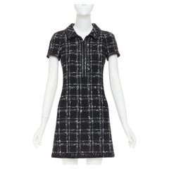 CHANEL 2007 black white check plaid bow collar fringe tweed dress FR36 S