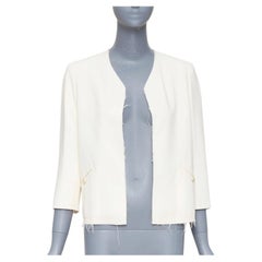 CHANEL 2007 frayed raw trim ecru wool collarless evening blazer jacket FR36 S