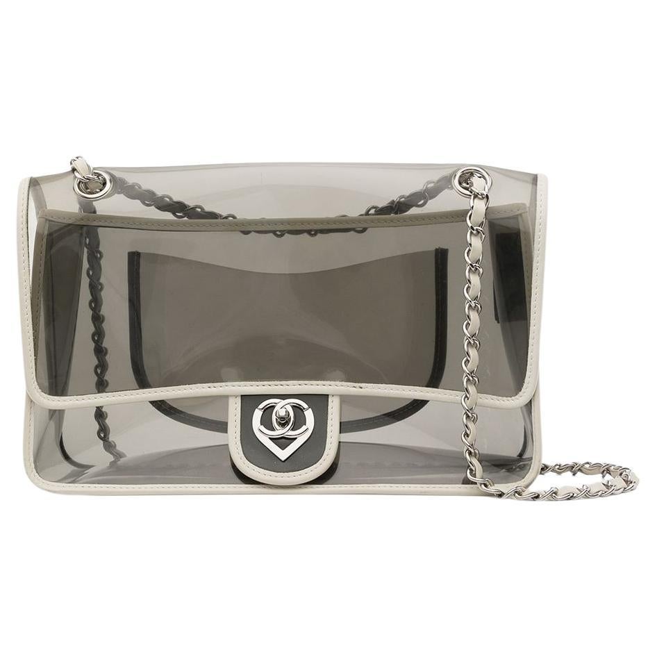 Women's or Men's Chanel 2007 Rare Transparent Classic Heart Flap Vintage White Grey Clear Bag For Sale