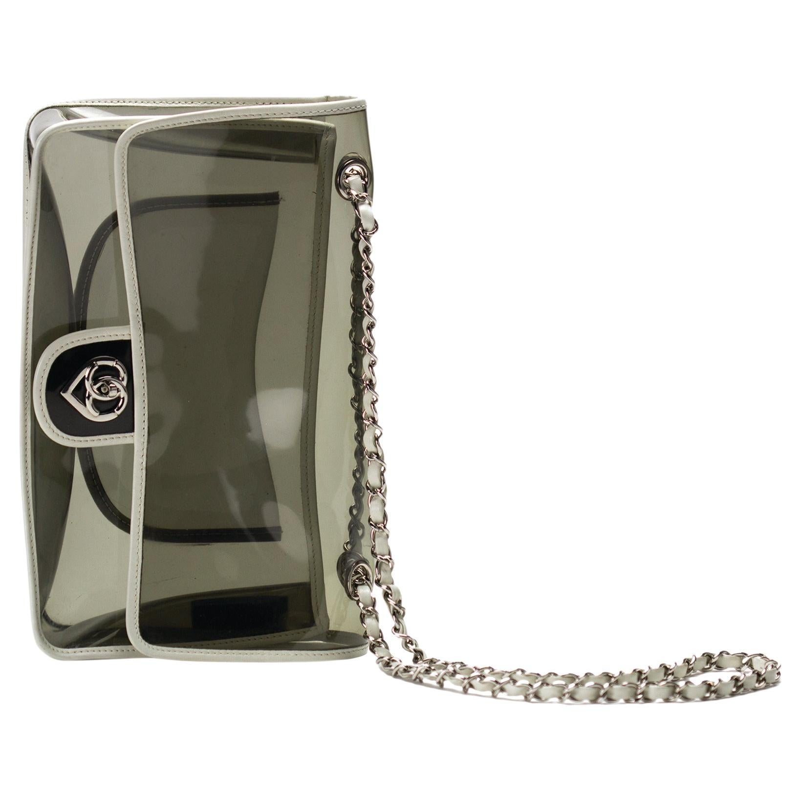 Chanel 2007 Rare Transparent Classic Heart Flap Vintage White Grey Clear Bag For Sale 4