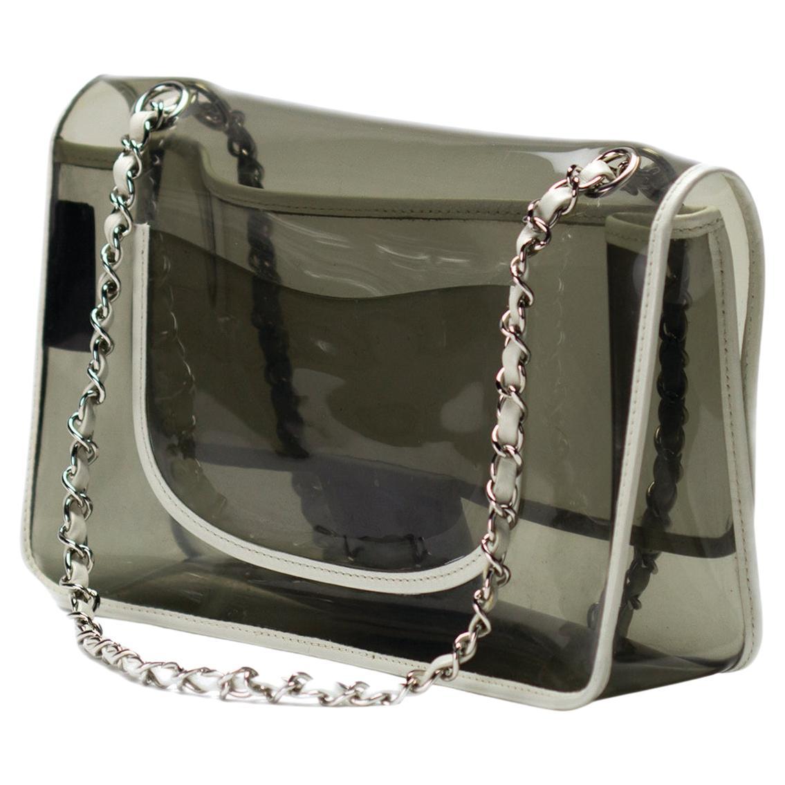 Chanel 2007 Rare Transparent Classic Heart Flap Vintage White Grey Clear Bag For Sale 5