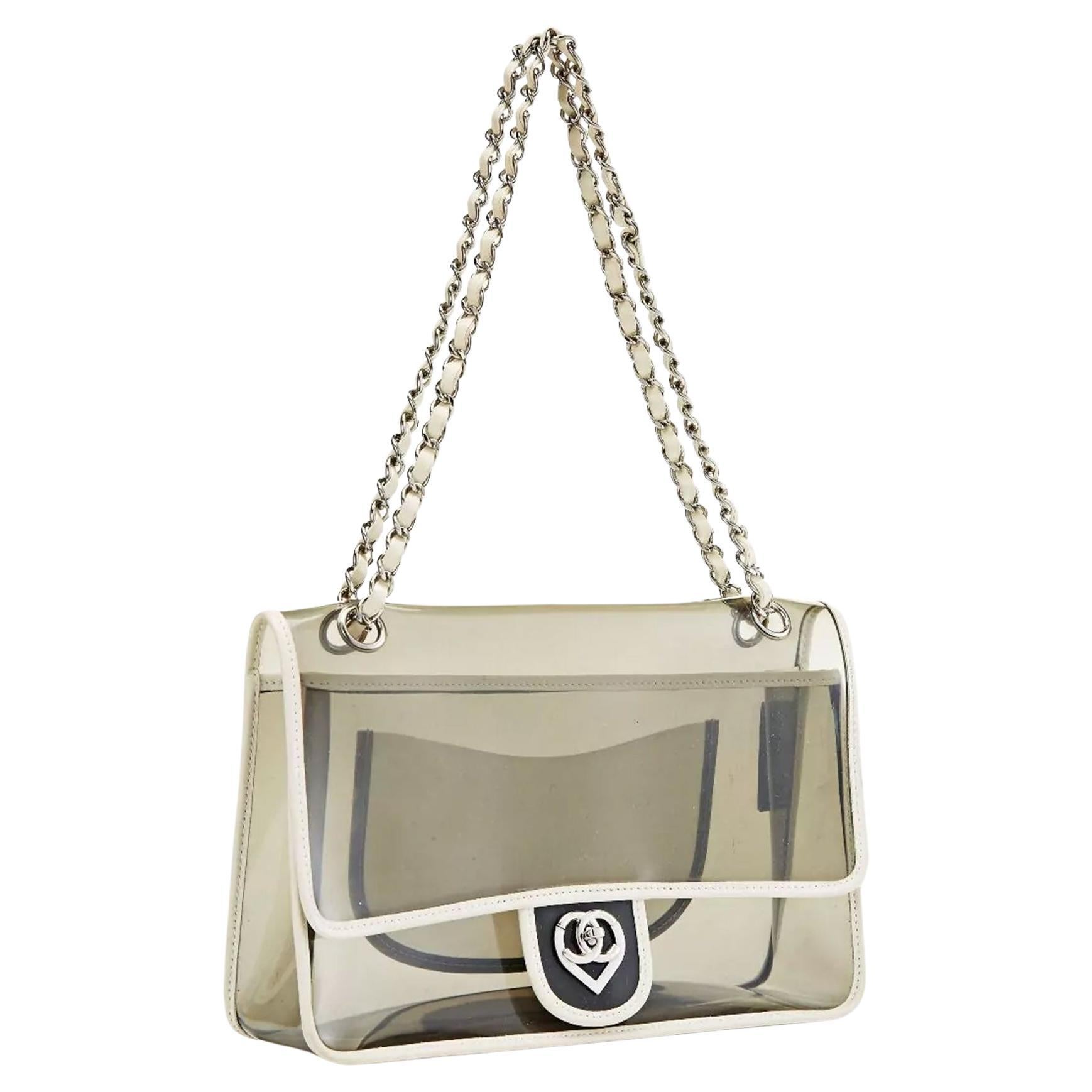 Chanel 2007 Rare Transparent Classic Heart Flap Vintage White Grey Clear Bag For Sale