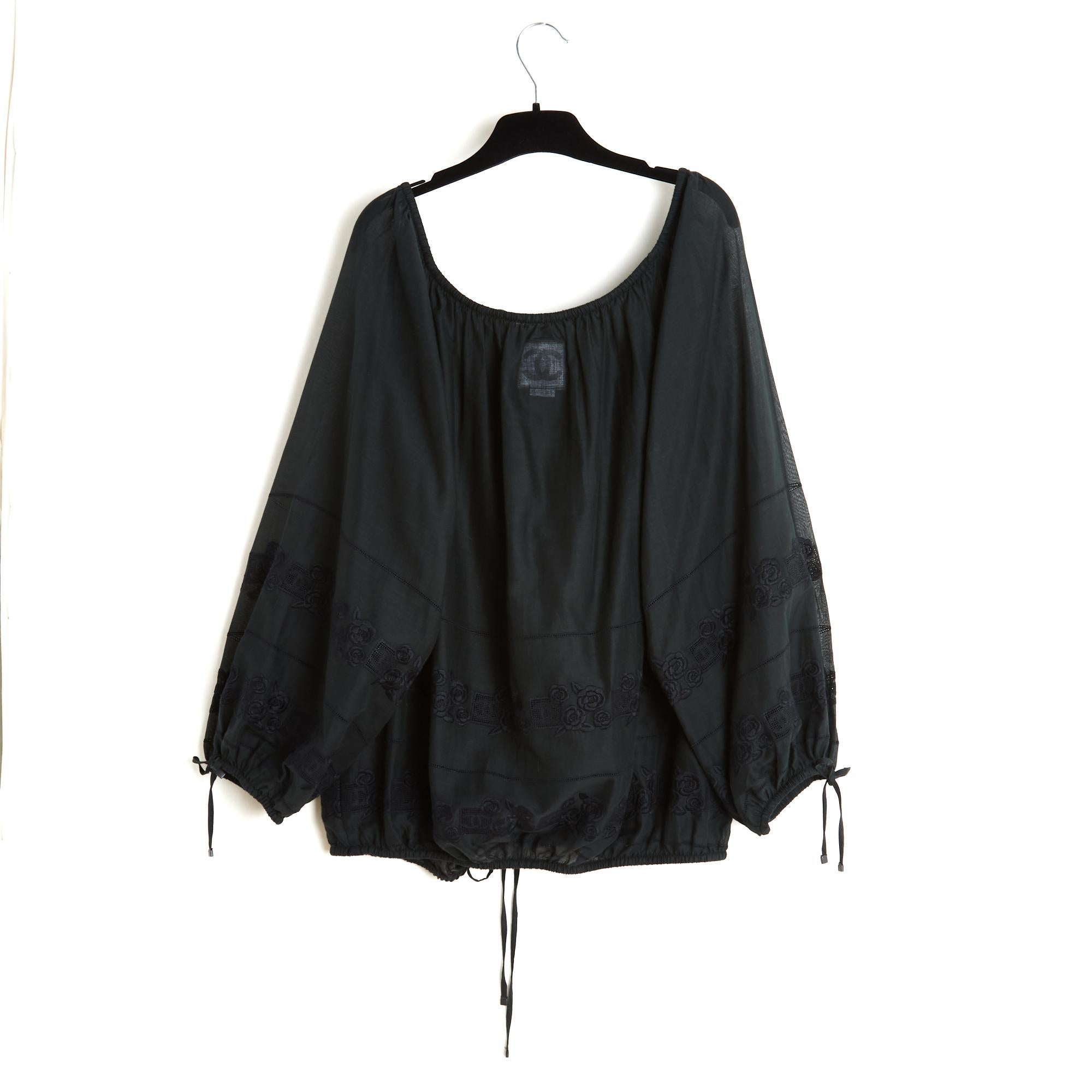 Chanel 2007 Top Camicetta Broderie FR44 Camicetta in cotone nero slavato UK16 US12 in vendita 2
