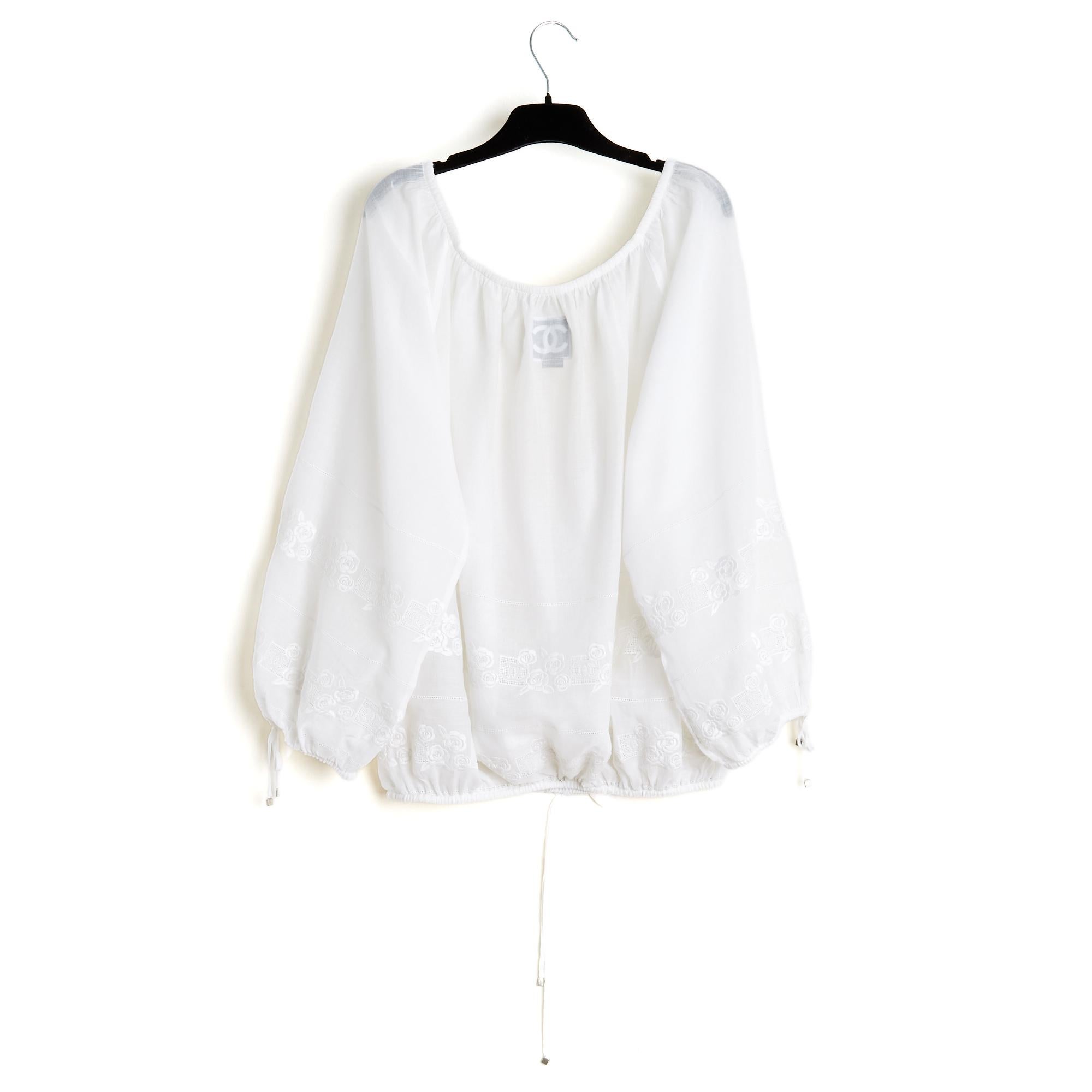 Chanel 2007 Top Blusa Broderie FR44 Blanco Eslava Blusa Camisa Algodón UK16 US12 en venta 1